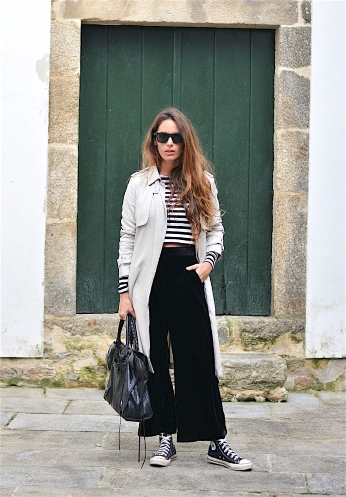 Velvet Wide Leg Trousers with Trench Coat Velvet Wide Leg Trousers with Trench Coat — Classy Black Pants Outfits