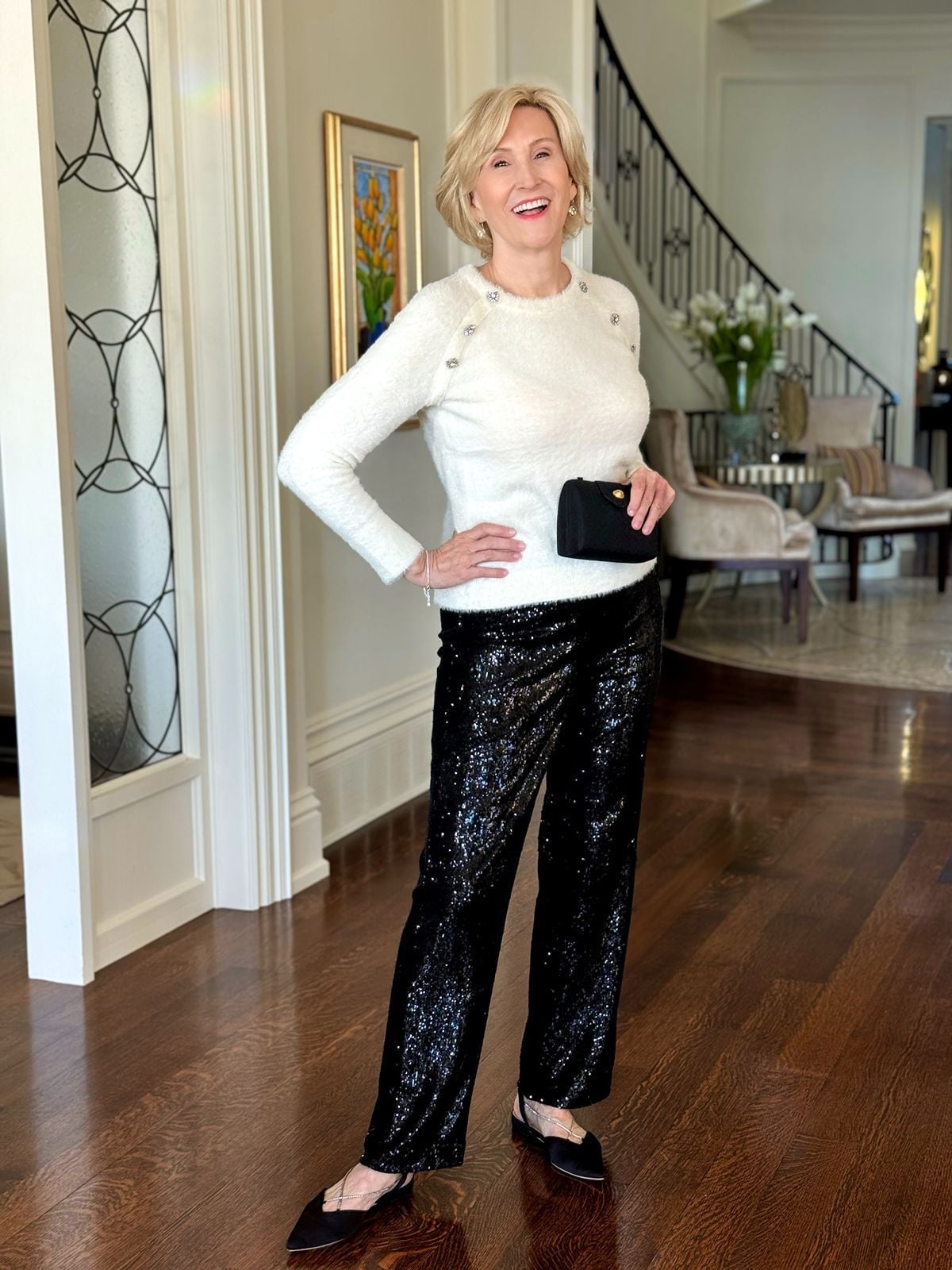 Sequin Trousers with Fuzzy Sweater Sequin Trousers with Fuzzy Sweater — Classy Black Pants Outfits