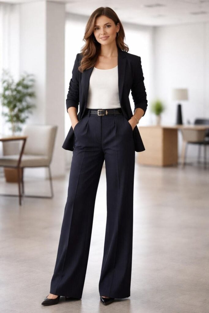 Pinstripe Wide Leg Trousers and Fitted Blazer Pinstripe Wide Leg Trousers and Fitted Blazer — Classy Black Pants Outfits