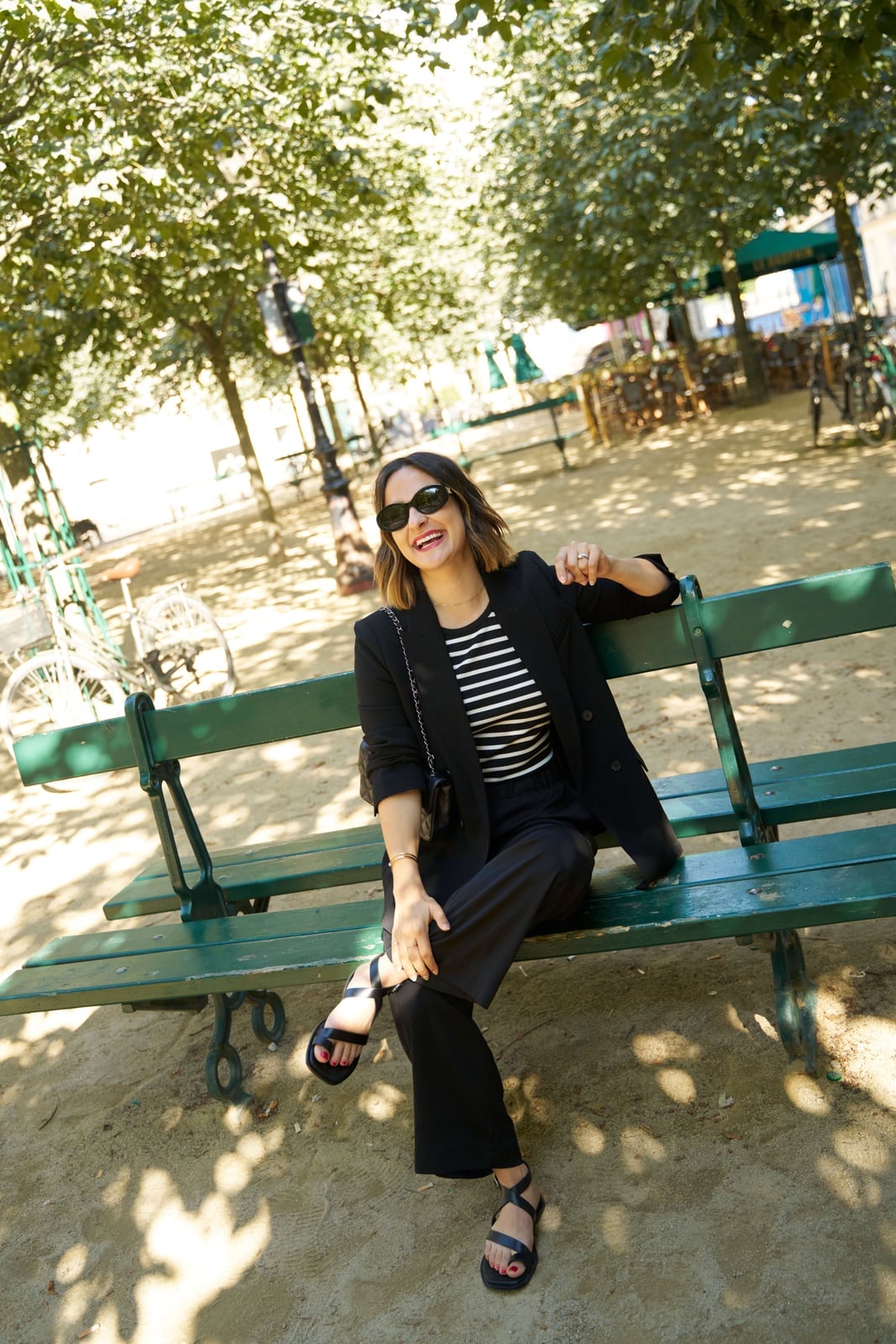Straight Leg Trousers with Striped T-Shirt and Blazer, Wool Straight Leg Trousers with Striped T-Shirt and Blazer, Wool — Classy Black Pants Outfits