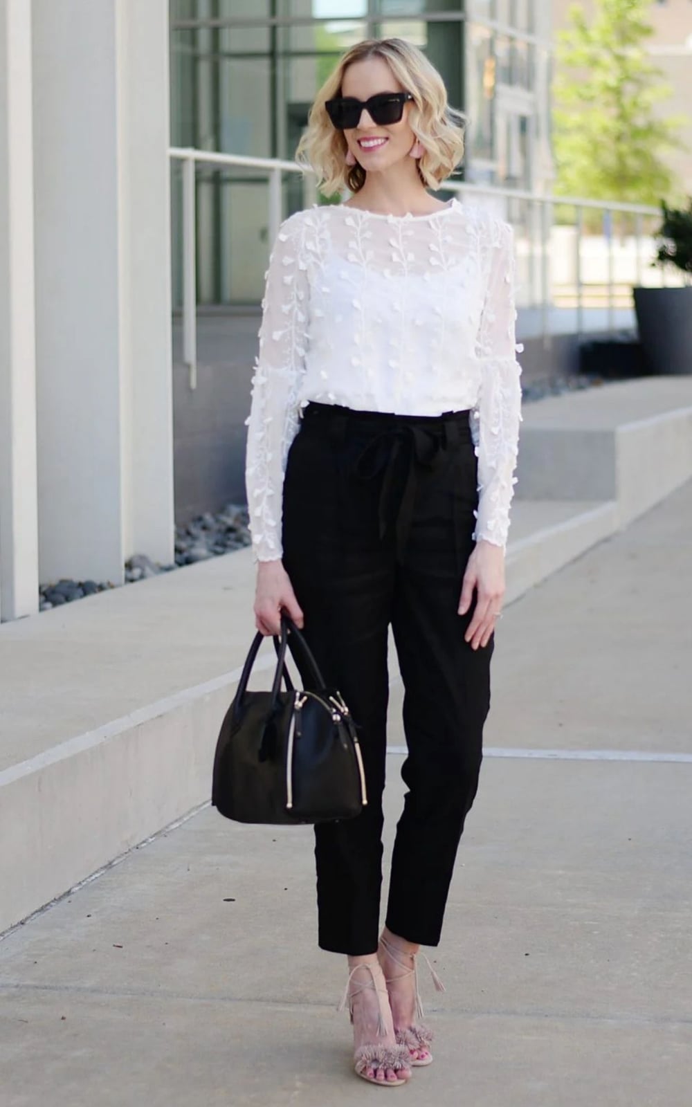 Paperbag Waist Trousers with Textured Blouse Paperbag Waist Trousers with Textured Blouse — Classy Black Pants Outfits