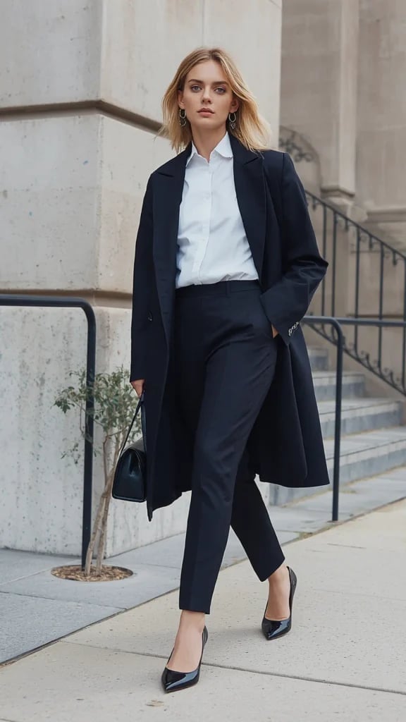 Straight Leg Trousers with Oversized Coat Straight Leg Trousers with Oversized Coat — Classy Black Pants Outfits