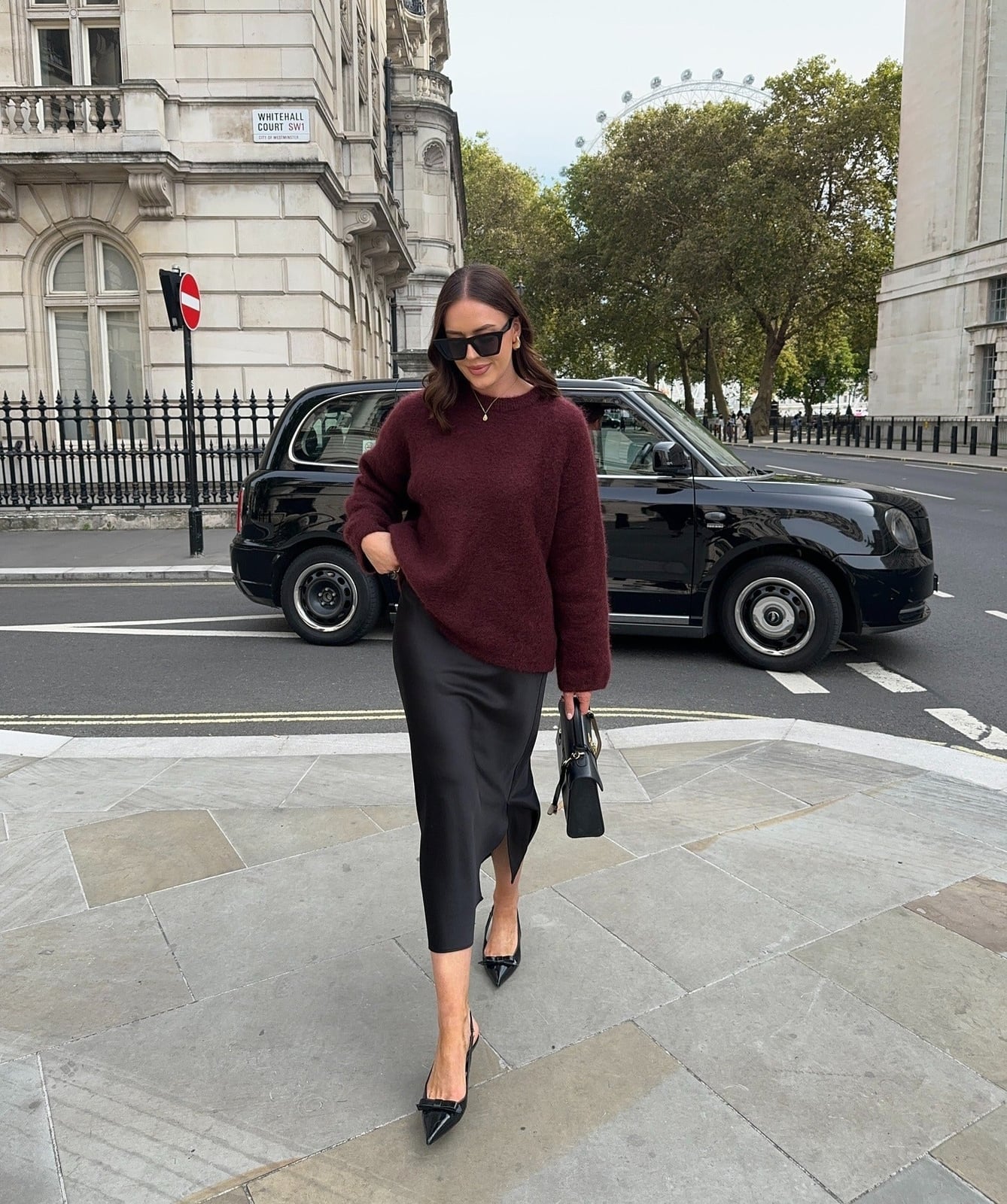 Black Satin Midi Skirt with Burgundy Knit Sweater — Classy Black Satin Skirt Outfit