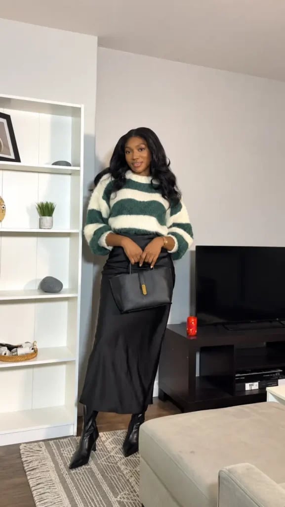 Black Satin Midi Skirt with Striped Fuzzy Sweater — Classy Black Satin Skirt Outfit