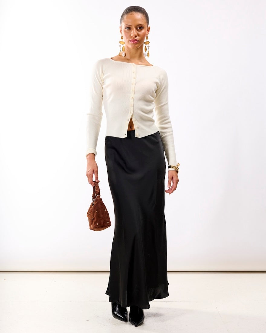 Black Satin Maxi Skirt with Cream Cardigan — Classy Black Satin Skirt Outfit