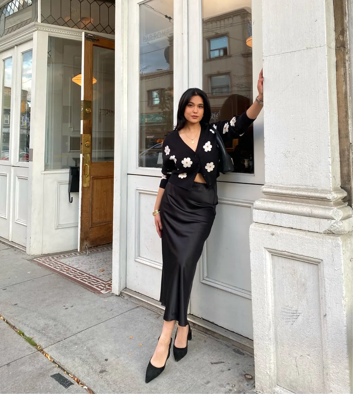 Black Satin Midi Skirt with Floral Cardigan — Classy Black Satin Skirt Outfit
