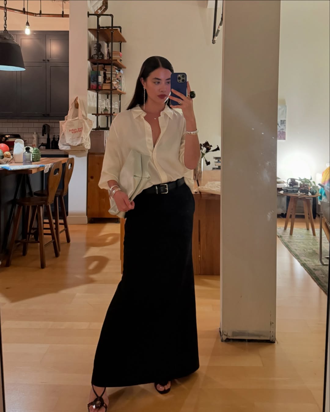 Black Satin Maxi Skirt with Oversized White Shirt — Classy Black Satin Skirt Outfit