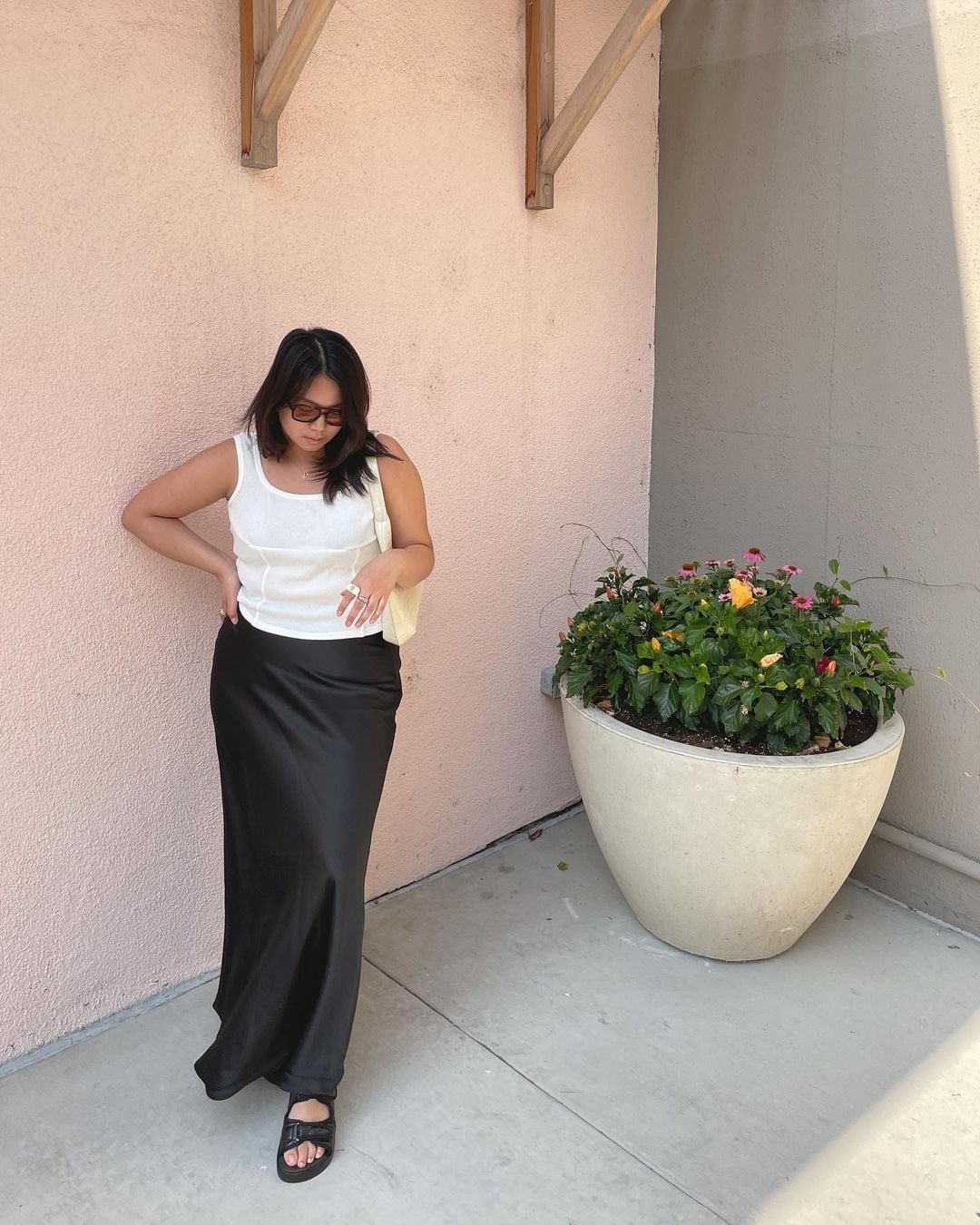 Long Black Satin Skirt with White Tank Top — Classy Black Satin Skirt Outfit