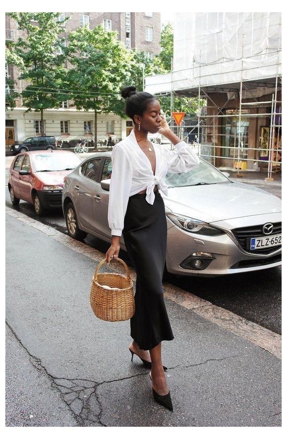 Black Satin Maxi Skirt with Knotted White Blouse — Classy Black Satin Skirt Outfit