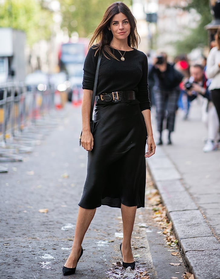 All Black Satin Midi Skirt Outfit with Wide Belt — Classy Black Satin Skirt Outfit