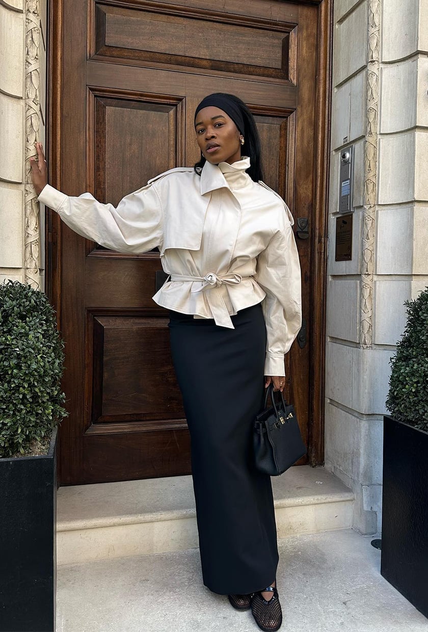 Black Satin Maxi Skirt with Cream Belted Jacket — Classy Black Satin Skirt Outfit