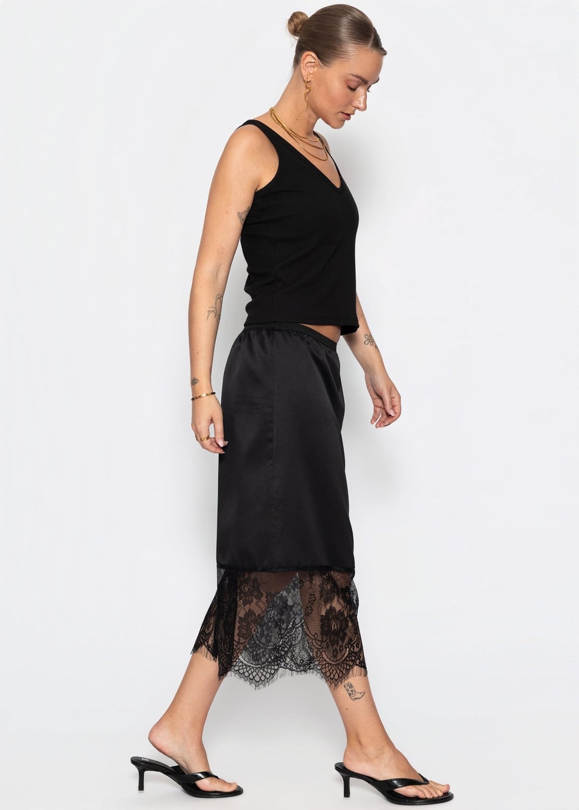 Black Satin Midi Skirt with Lace Hem — Classy Black Satin Skirt Outfit