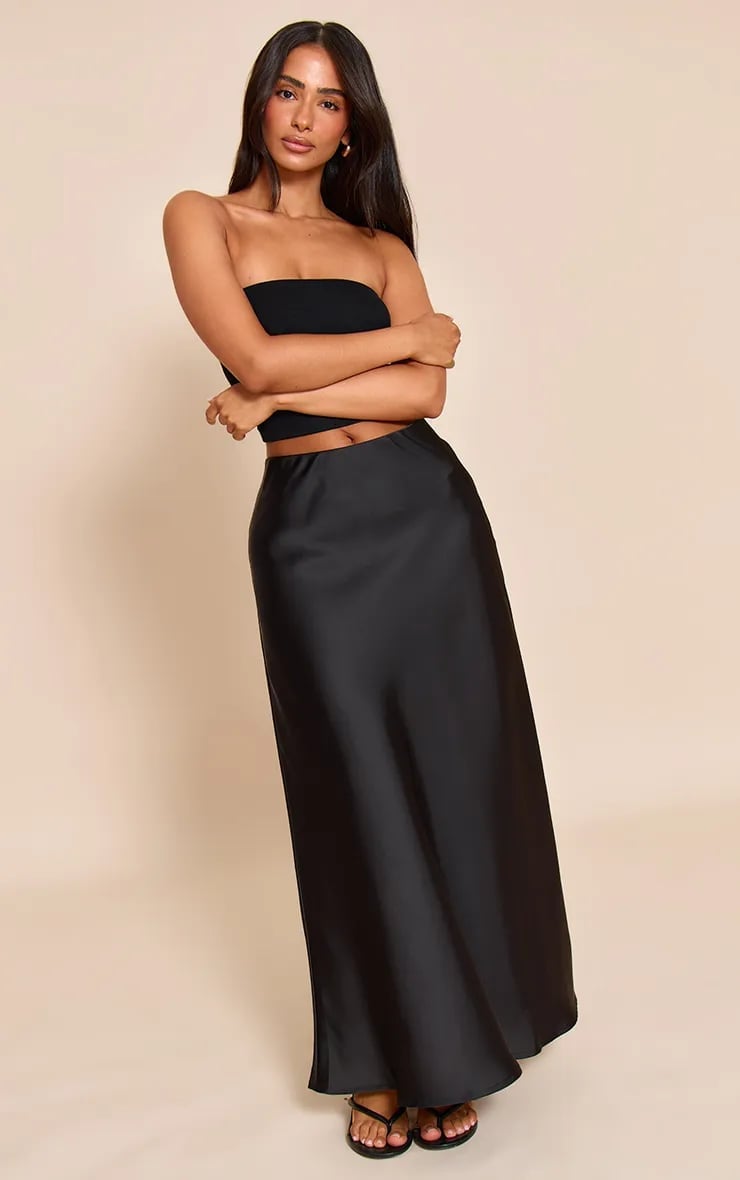 Monochromatic Black Satin Maxi Skirt Look — Classy Black Satin Skirt Outfit