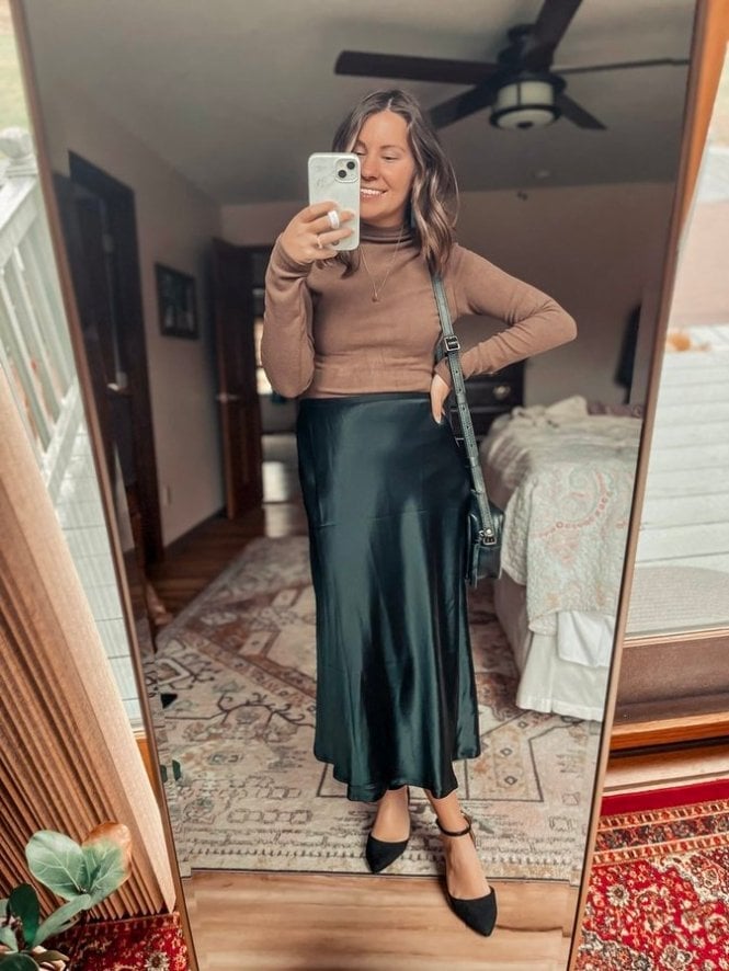 Black Satin Midi Skirt with Brown Turtleneck — Classy Black Satin Skirt Outfit