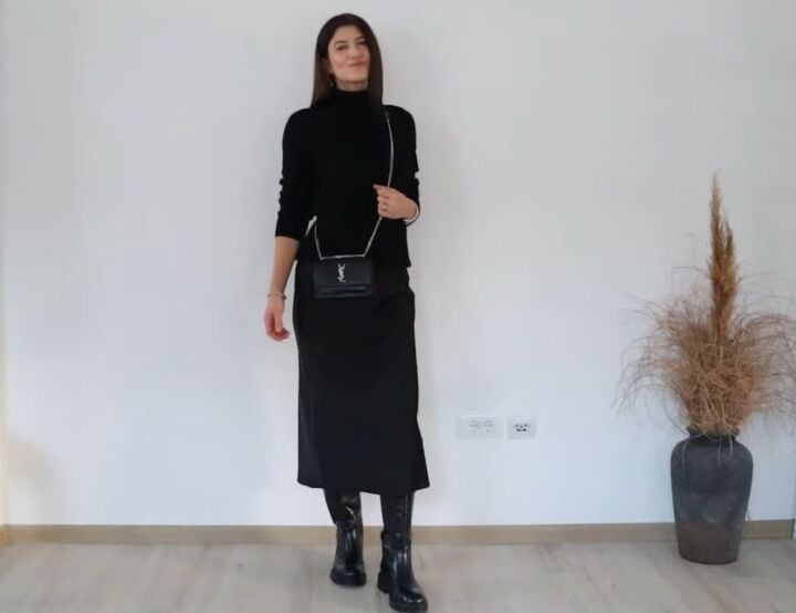 Black Satin Straight Skirt with Turtleneck — Classy Black Satin Skirt Outfit