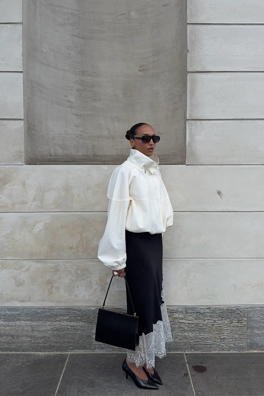 Black Satin Skirt with Lace Trim and White Jacket — Classy Black Satin Skirt Outfit