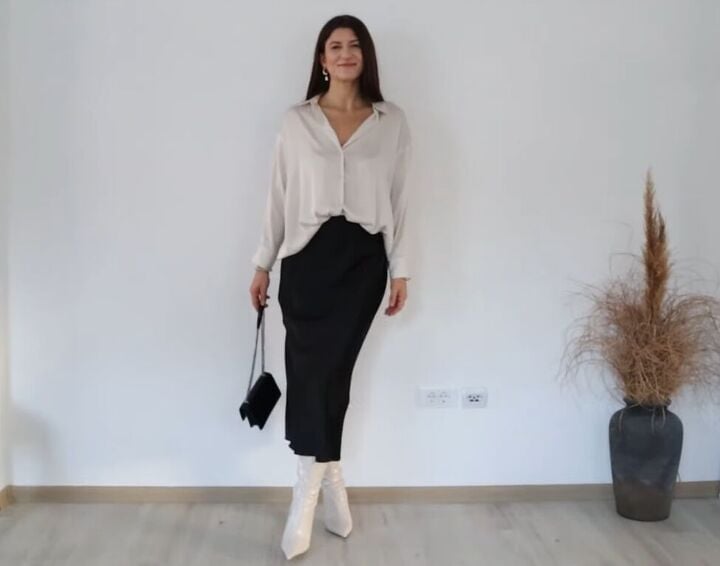 Black Satin Straight Skirt with Cream Shirt — Classy Black Satin Skirt Outfit