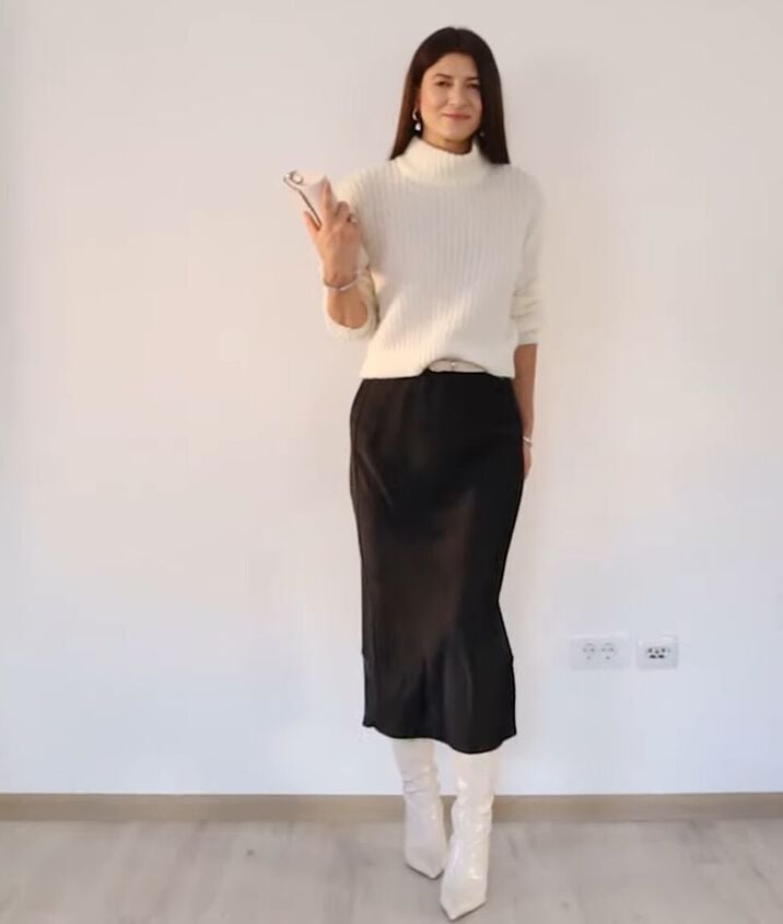 Black Satin Maxi Skirt with White Turtleneck — Classy Black Satin Skirt Outfit