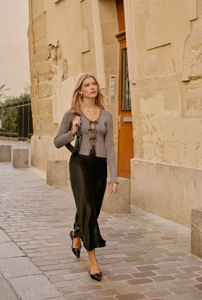 Black Bias-Cut Satin Midi Skirt with Sparkly Cardigan — Classy Black Satin Skirt Outfit