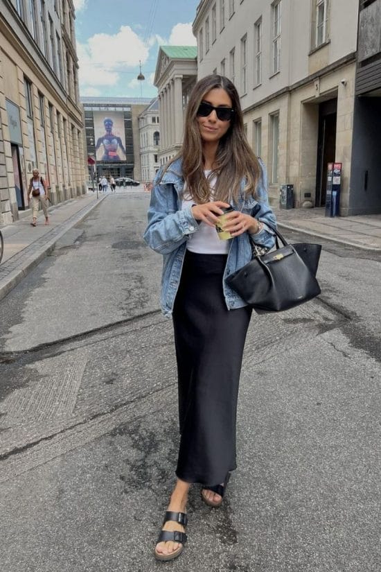 Black Satin Maxi Skirt with Denim Jacket — Classy Black Satin Skirt Outfit