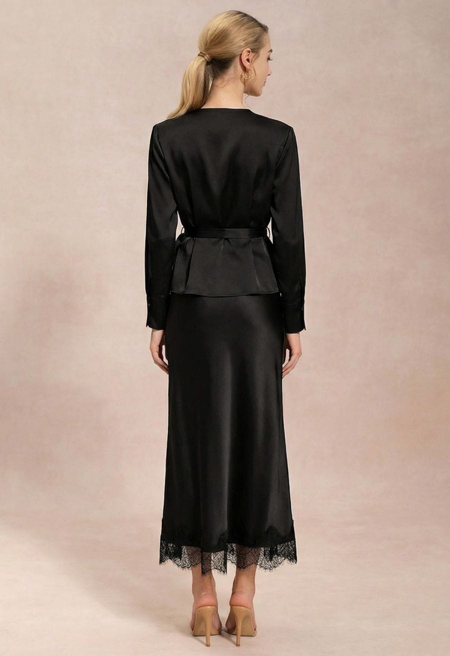 Black Satin Maxi Skirt with Lace Trim and Peplum Jacket — Classy Black Satin Skirt Outfit