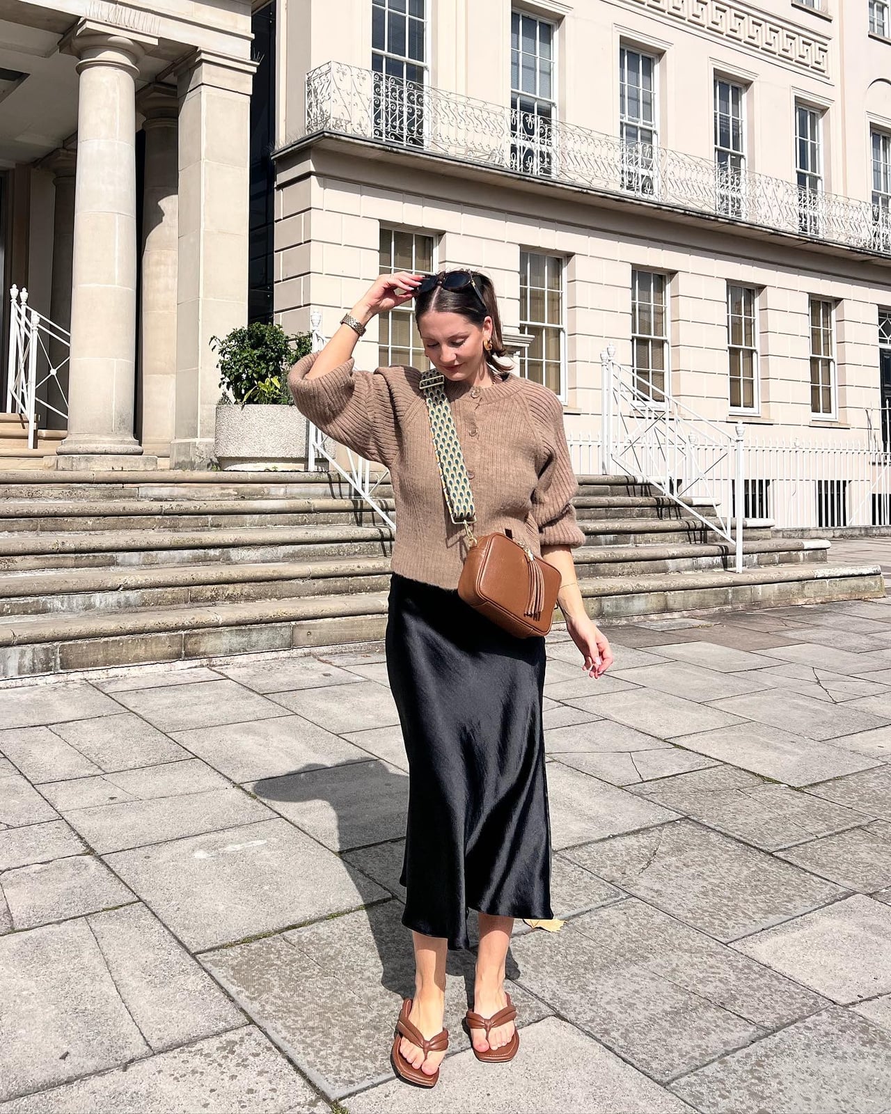 Black Satin Midi Skirt with Brown Knit Cardigan — Classy Black Satin Skirt Outfit
