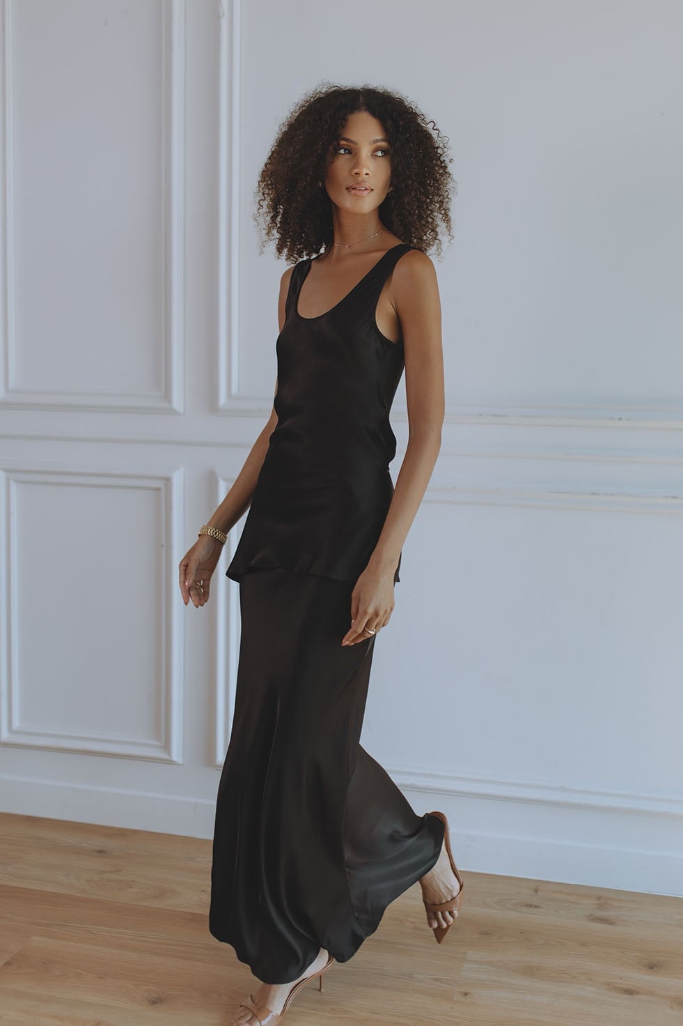 Black Satin A-Line Maxi Skirt Evening Look — Classy Black Satin Skirt Outfit
