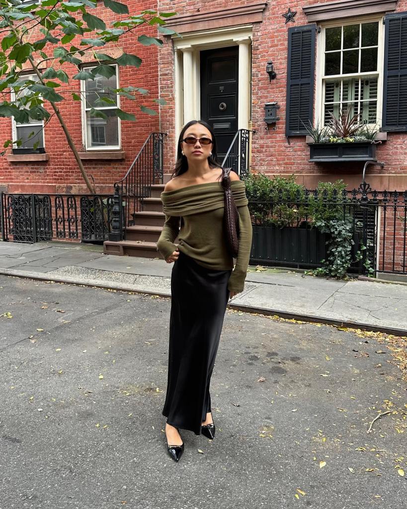 Black Satin Maxi Skirt with Olive Green Sweater — Classy Black Satin Skirt Outfit