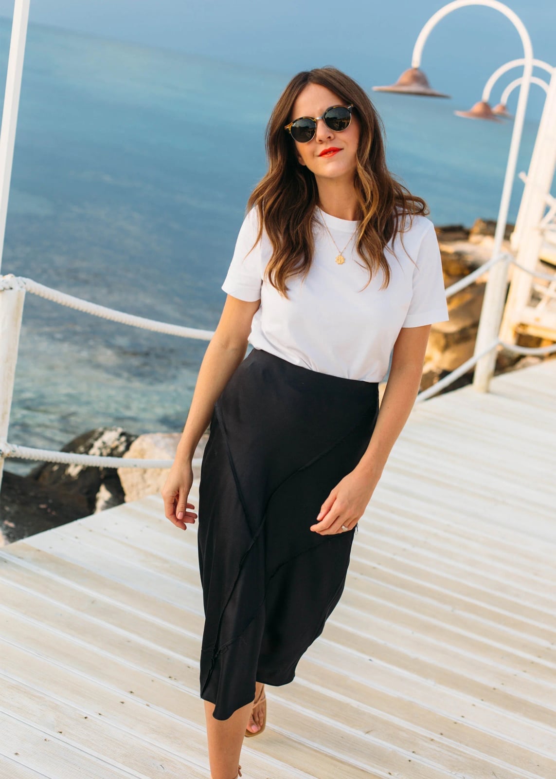Black Asymmetrical Hem Midi Skirt with White T-Shirt — Classy Black Satin Skirt Outfit