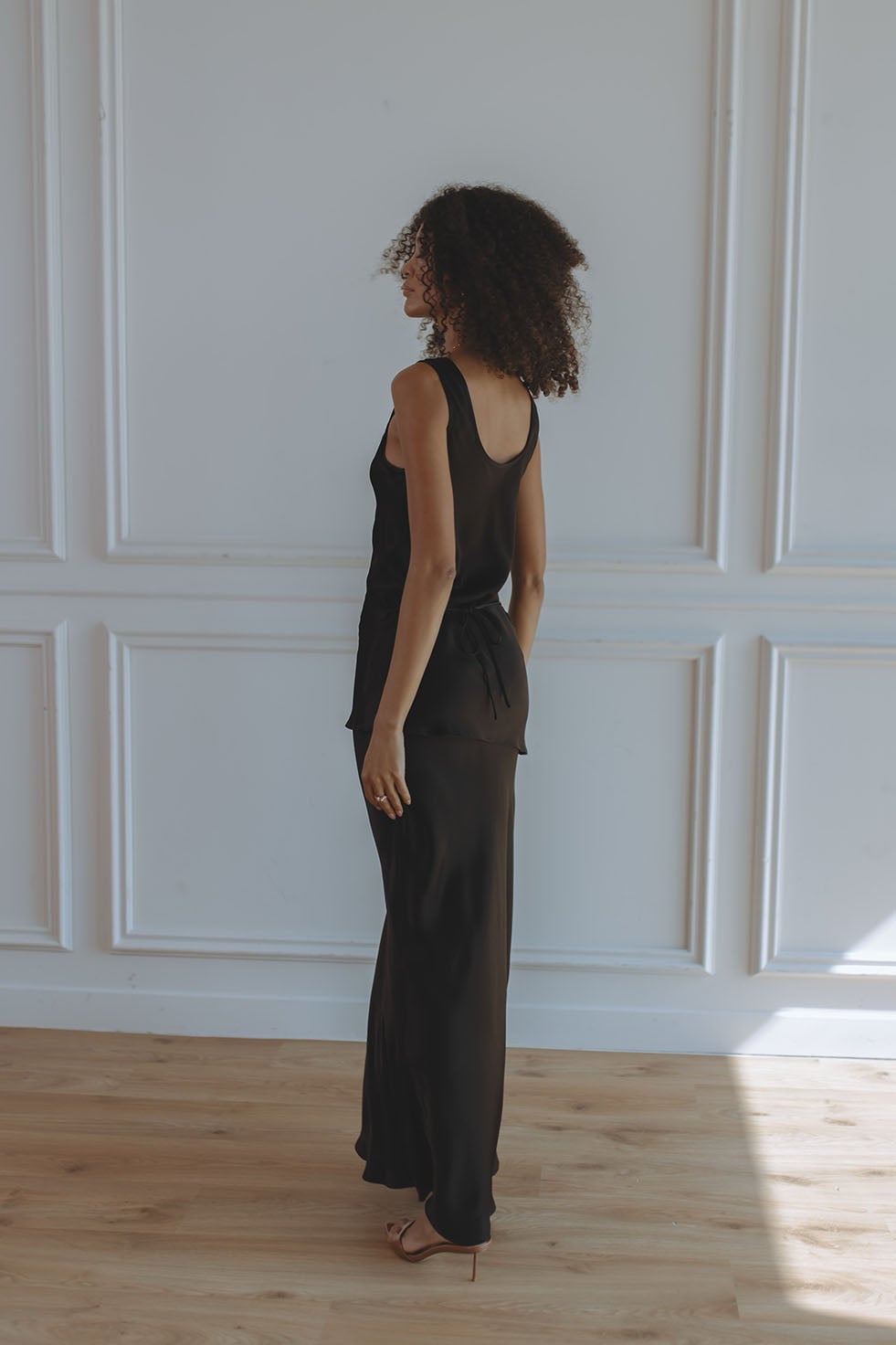 Black Satin Maxi Skirt with Ribbed Tank Top — Classy Black Satin Skirt Outfit