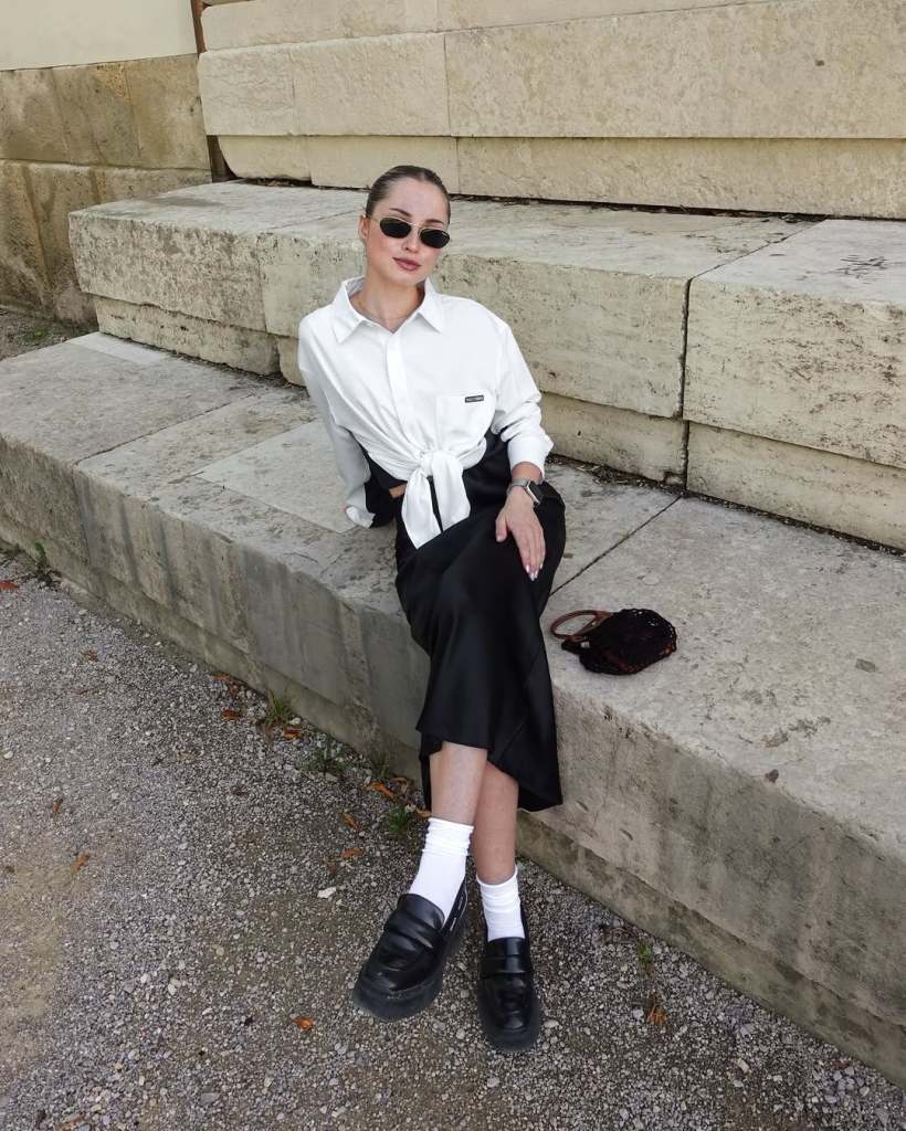 Black Satin Midi Skirt with Knotted White Shirt — Classy Black Satin Skirt Outfit