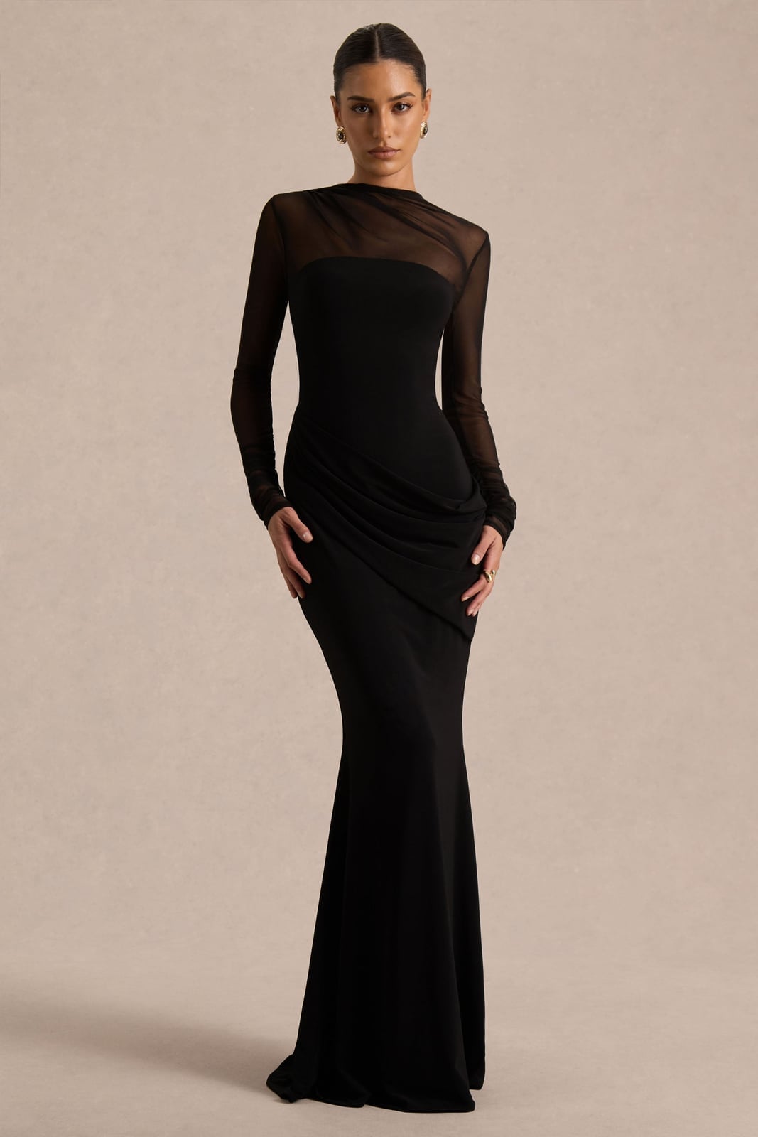 Long Sleeve Gown With Sheer Neckline Long Sleeve Gown With Sheer Neckline — Classy Black Tie Dresses