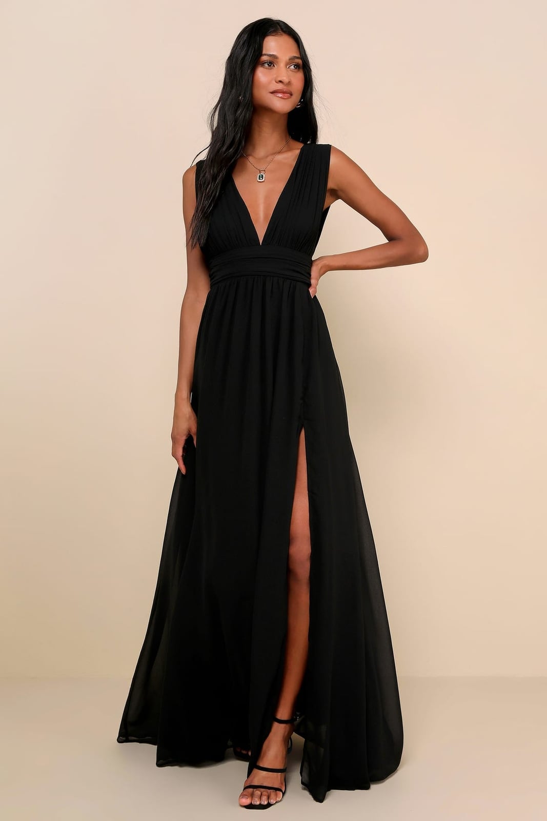 Crepe and Chiffon Maxi Dress With High Slit Crepe and Chiffon Maxi Dress With High Slit — Classy Black Tie Dresses