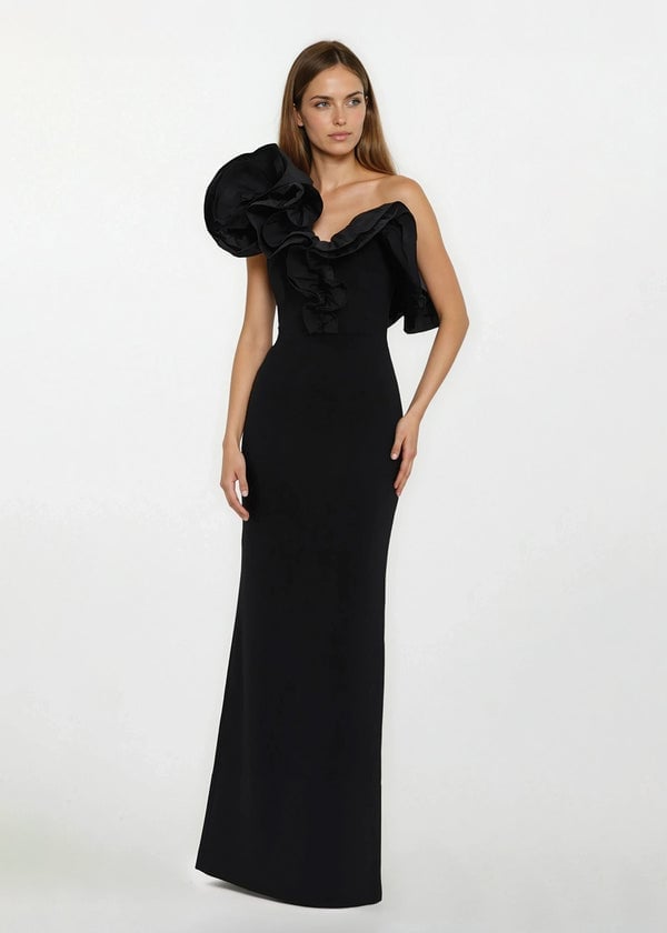 Gown With Ruffled Taffeta Shoulder Detail Gown With Ruffled Taffeta Shoulder Detail — Classy Black Tie Dresses