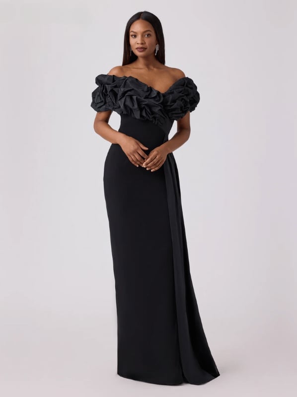 Off-Shoulder Gown With Ruffled Overlay Off-Shoulder Gown With Ruffled Overlay — Classy Black Tie Dresses