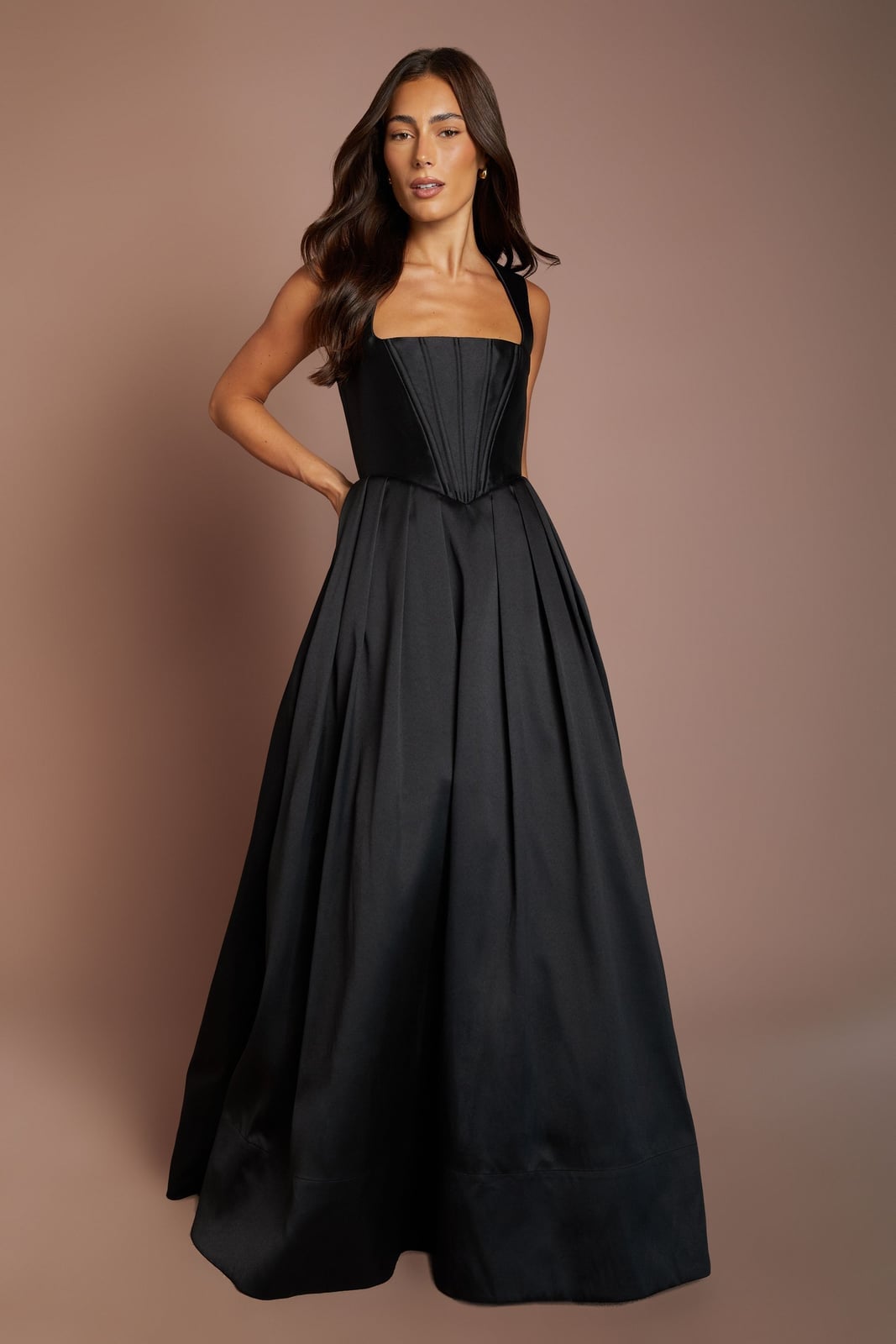 Black Gown with Velvet Corset Bodice and Full Satin Skirt Black Gown with Velvet Corset Bodice and Full Satin Skirt — Classy Black Tie Outfits
