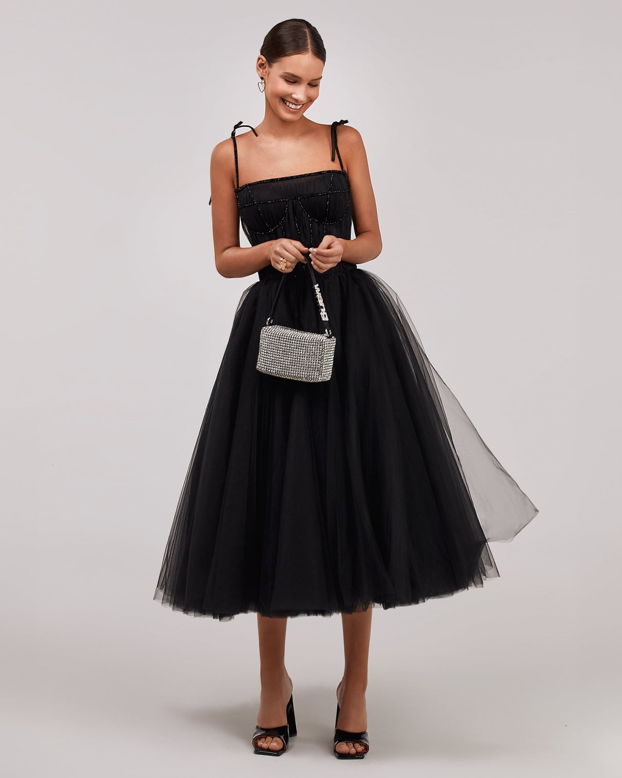 Black Tulle Midi Dress with Beaded Bodice and Flared Skirt Black Tulle Midi Dress with Beaded Bodice and Flared Skirt — Classy Black Tie Outfits