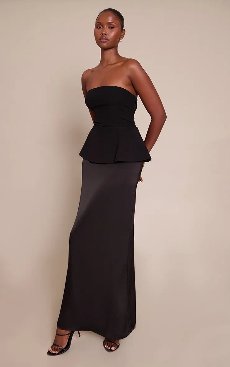 Black Strapless Peplum Top with Long Straight Skirt Black Strapless Peplum Top with Long Straight Skirt — Classy Black Tie Outfits