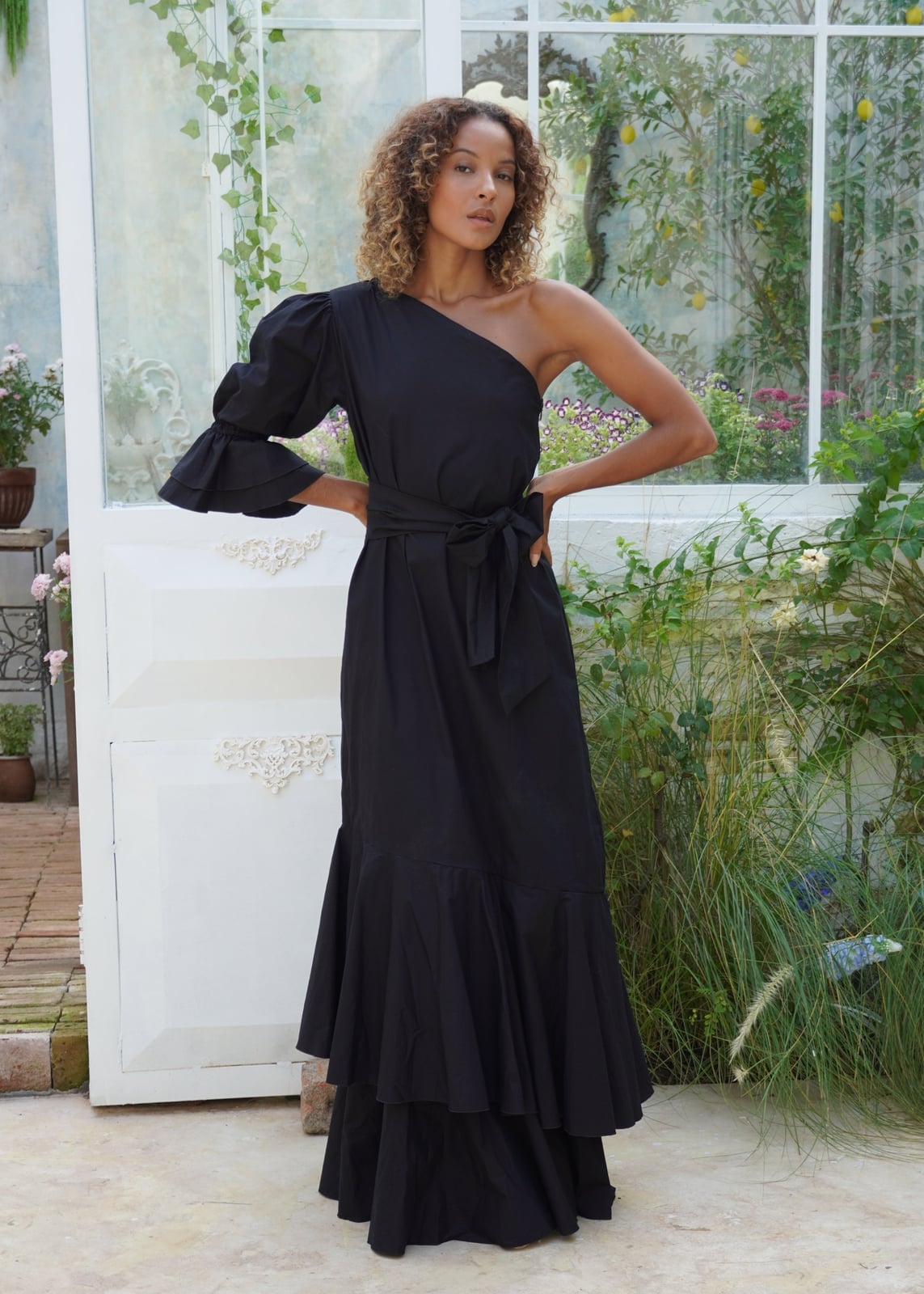 Black One-Shoulder Dress with Tiered Ruffled Skirt Black One-Shoulder Dress with Tiered Ruffled Skirt — Classy Black Tie Outfits