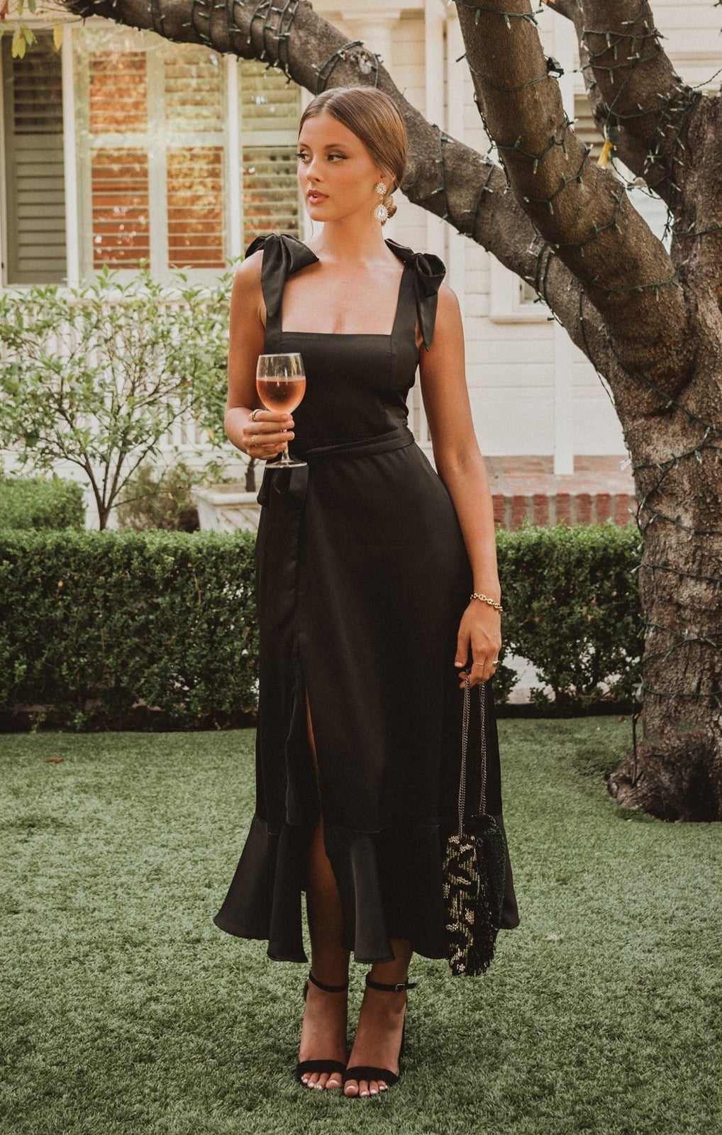 Black Satin Midi Dress with Tie Waist and Ruffled Hem Black Satin Midi Dress with Tie Waist and Ruffled Hem — Classy Black Tie Outfits