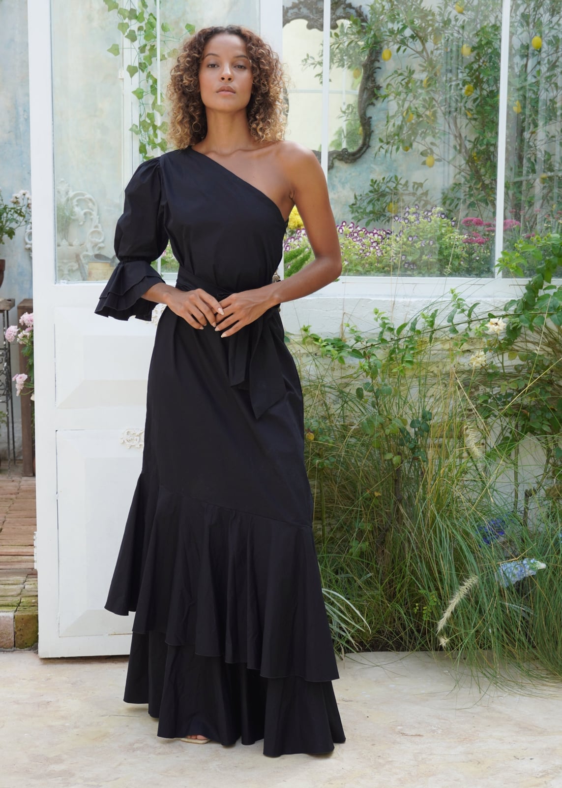Black One-Shoulder Dress with Ruffled Tiered Hem, Close-Up Take Black One-Shoulder Dress with Ruffled Tiered Hem, Close-Up Take — Classy Black Tie Outfits