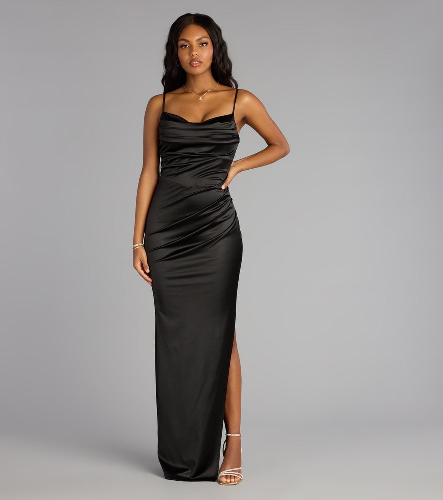Black Satin Slip Dress with Cowl Neckline and High Slit Black Satin Slip Dress with Cowl Neckline and High Slit — Classy Black Tie Outfits
