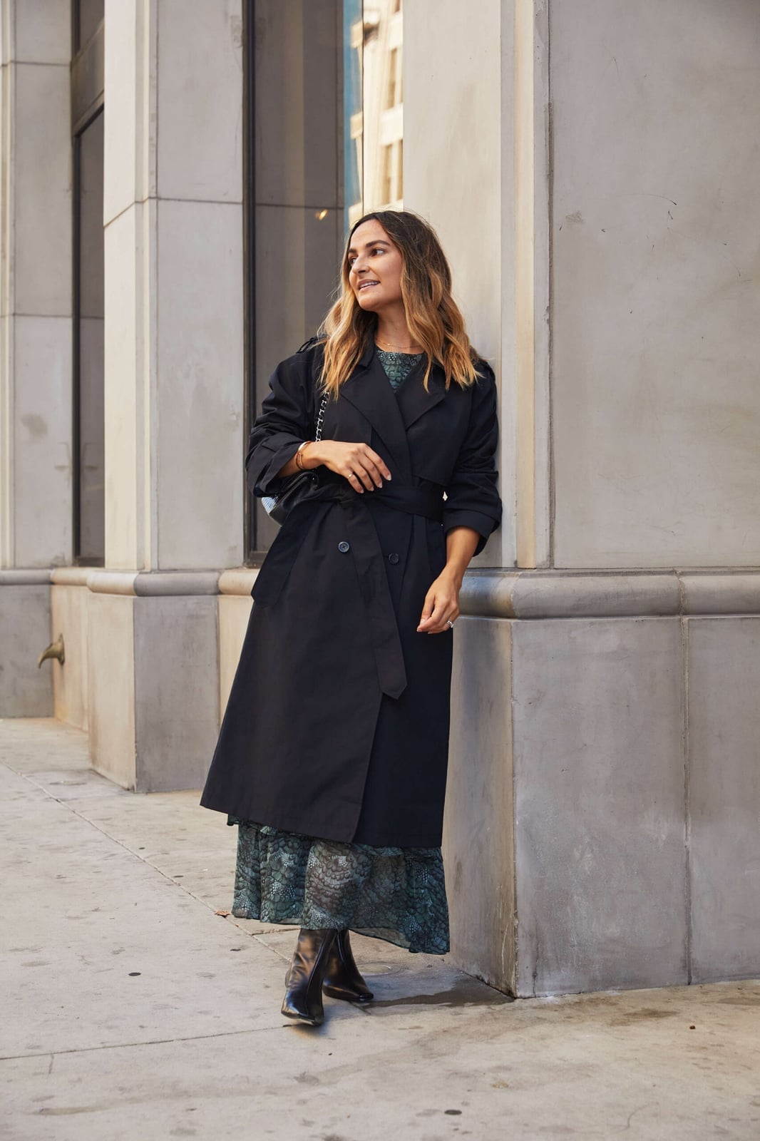 Black Trench Coat Over Patterned Midi Dress — Classy Black Trench Coat Outfit