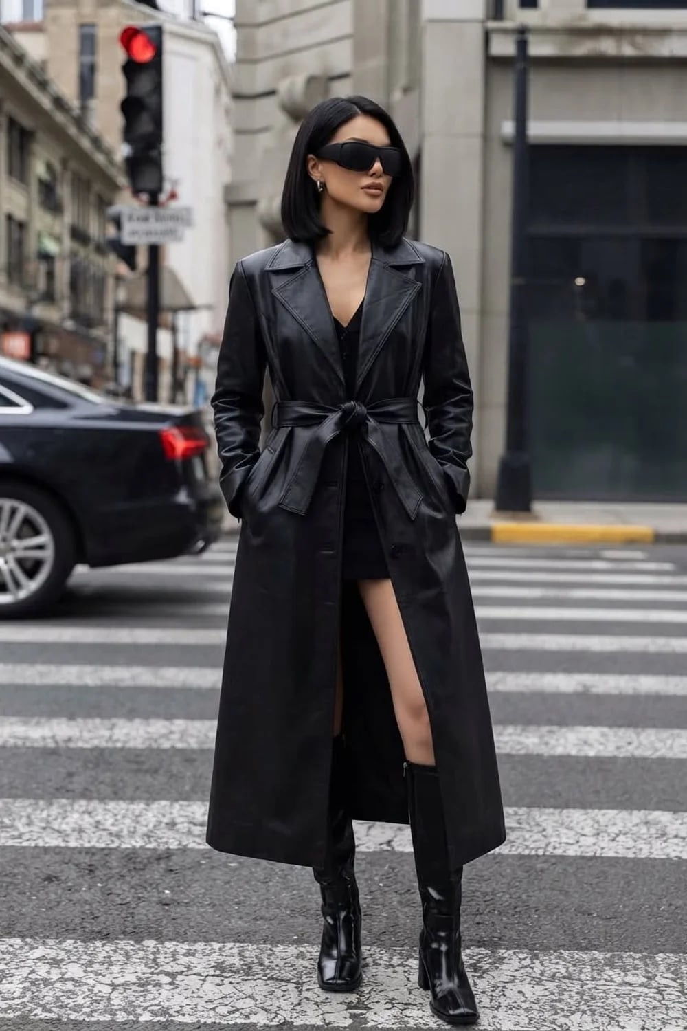 Long Belted Leather Trench Coat — Classy Black Trench Coat Outfit