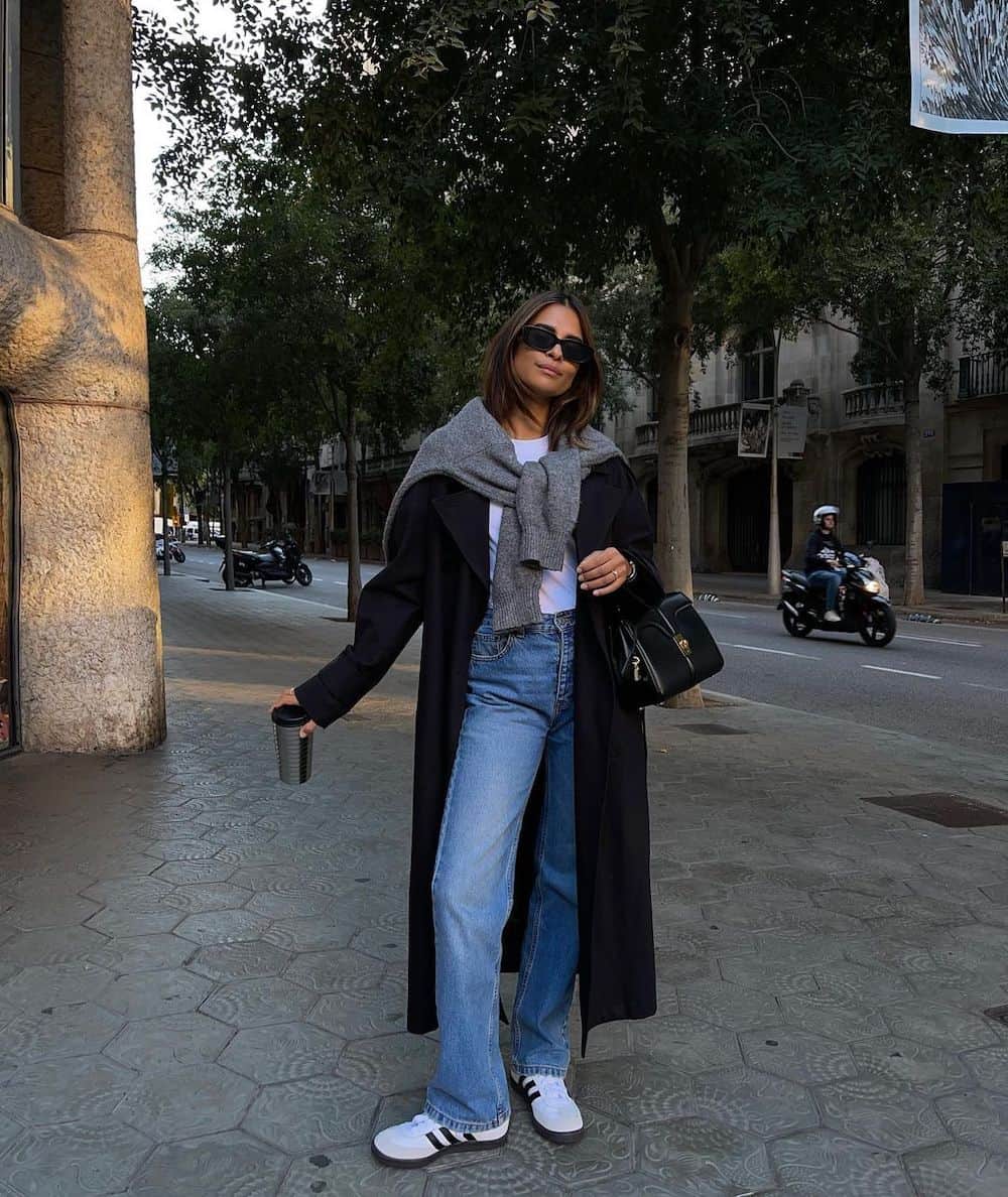 Casual Black Trench Coat With Jeans And Sweater — Classy Black Trench Coat Outfit