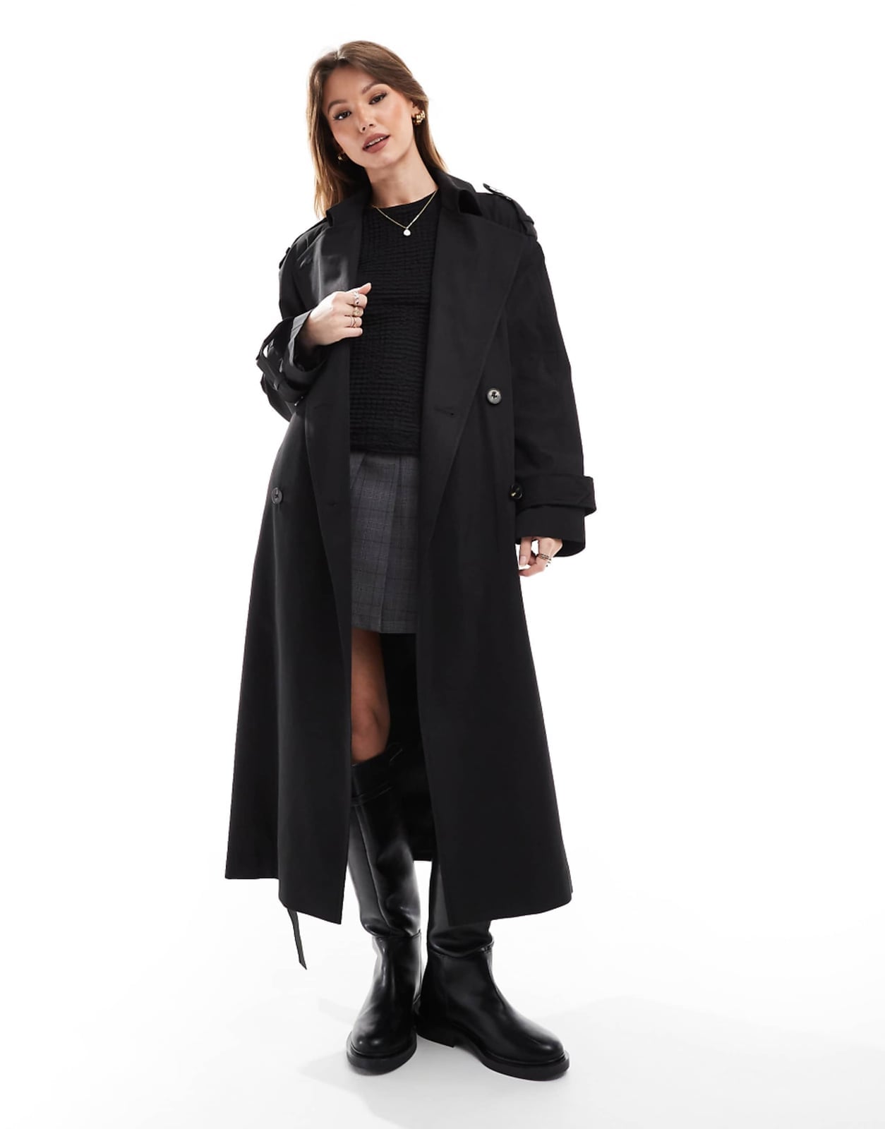 Smart Casual Black Trench Coat With Skirt — Classy Black Trench Coat Outfit