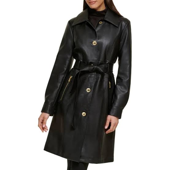 Black Leather Trench Coat With Gold Hardware — Classy Black Trench Coat Outfit