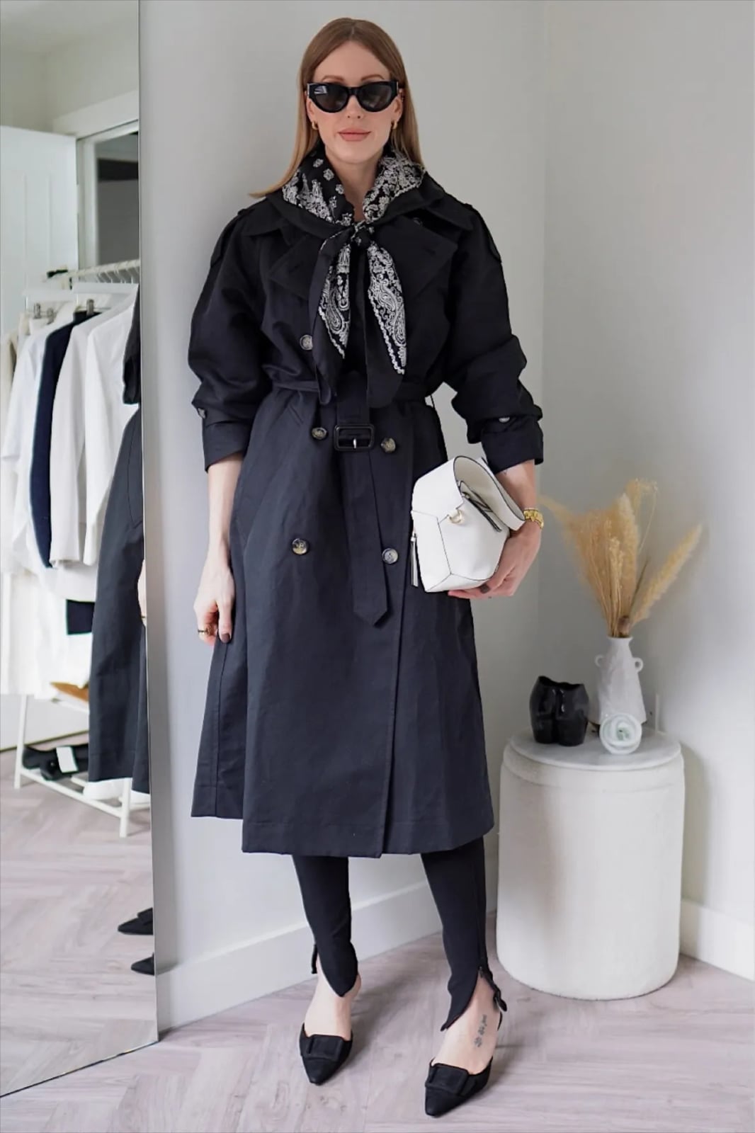 Classic Black Trench Coat With Scarf Detail — Classy Black Trench Coat Outfit