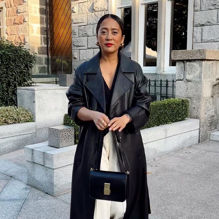 Leather Look Trench Coat With Cream Trousers, Close-Up Take — Classy Black Trench Coat Outfit