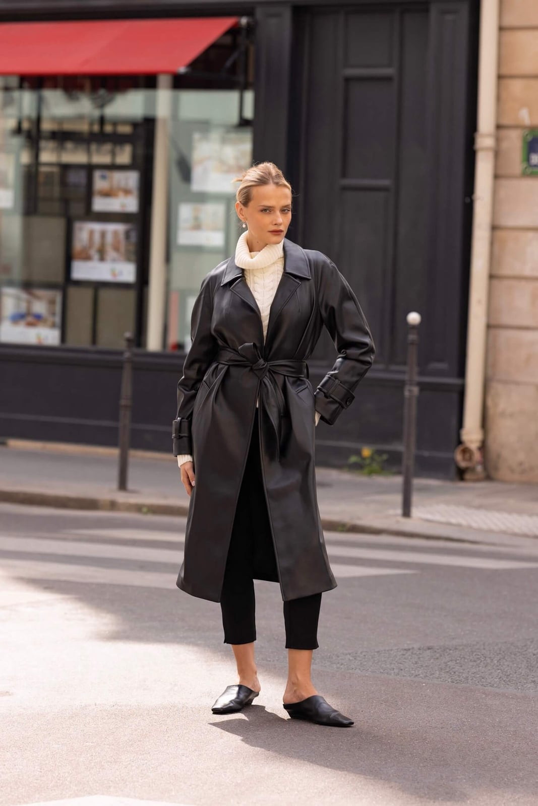 Belted Leather Trench Coat With Knit Sweater — Classy Black Trench Coat Outfit